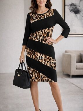 Chico’s Colorblock Dress Size 1.5 Black Leopard 3/4 Sleeve Office Date Back Zip